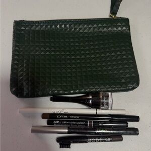 Textured Dark Green Makeup Pouch with Brow & Eye Tools